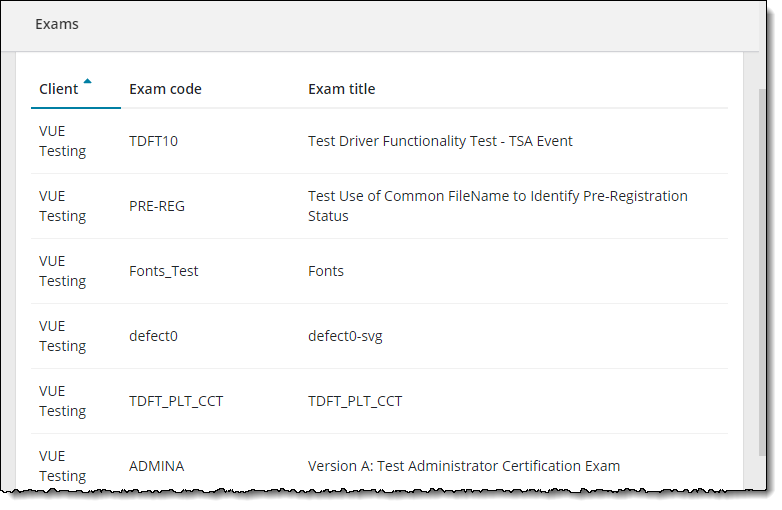 A single client's list of exams.